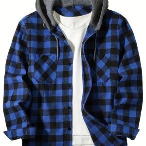Men's Flannel Hoodie Jacket Casual Long Sleeve Button Down Plaid Shirt Size M